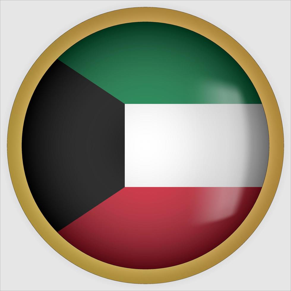 Ícone do botão da bandeira arredondada 3d kuwait com moldura dourada vetor