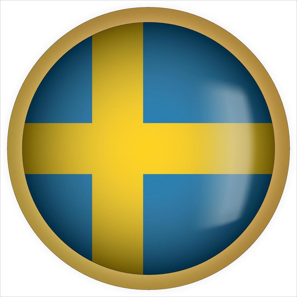 ícone do botão da bandeira arredondada 3d da Suécia com moldura dourada vetor