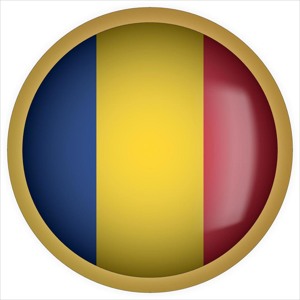 romênia ícone do botão da bandeira arredondada 3D com moldura dourada vetor