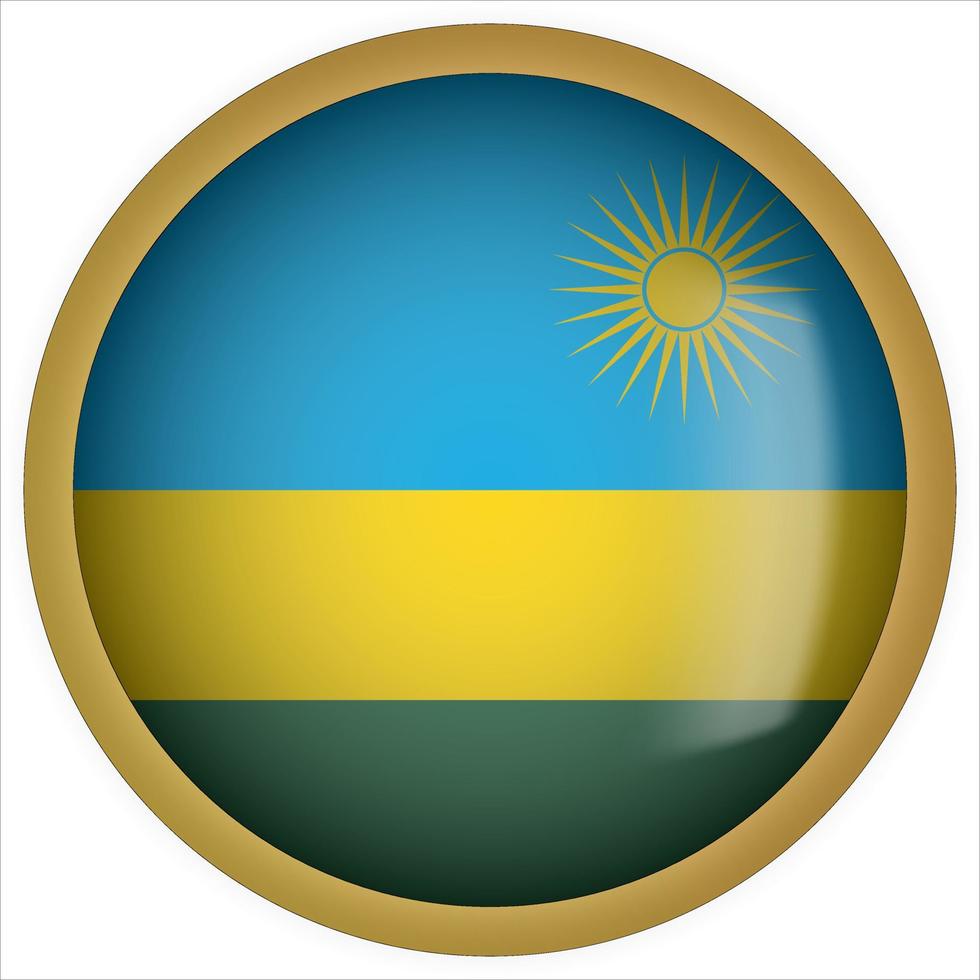 ícone do botão da bandeira arredondada 3d de Ruanda com moldura dourada vetor
