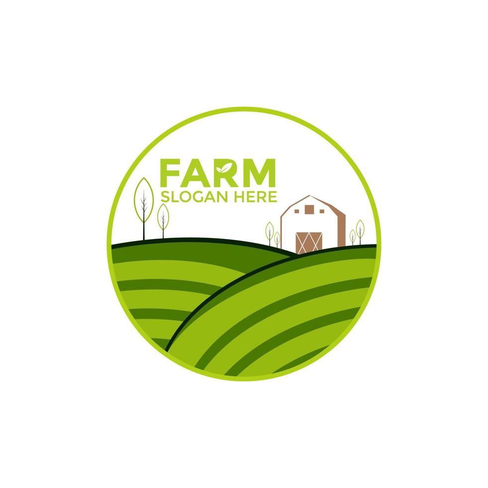 logotipo do conceito de casa de fazenda. modelo com casa de fazenda e paisagem de fazenda. vetor