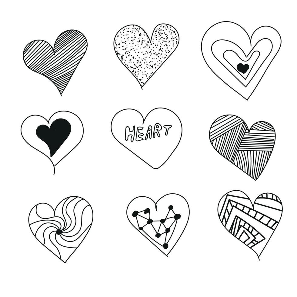 conjunto de mão desenhando corações. cores preto e branco. coleção doodle corações abstratos vetor