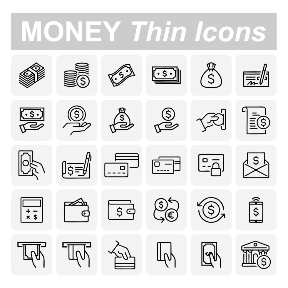 conjunto simples de ícones de linha de vetor relacionados a dinheiro. contém ícones como carteira, caixa eletrônico, pacote de dinheiro, mão com uma moeda e muito mais