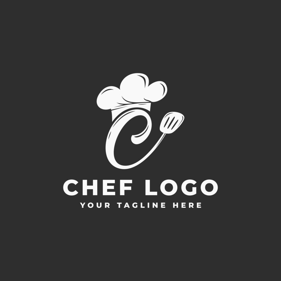 logotipo de chef de chapéu para símbolo de restaurante, café, entrega de comida, barracas de comida, com combinação de letra c inicial e ilustração vetorial de ícone de espátula vetor