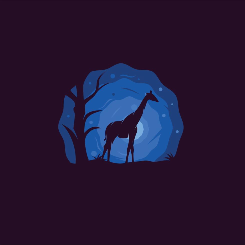 ilustração de silhueta de girafa em pé ao lado de árvore com fundo de lua azul vetor