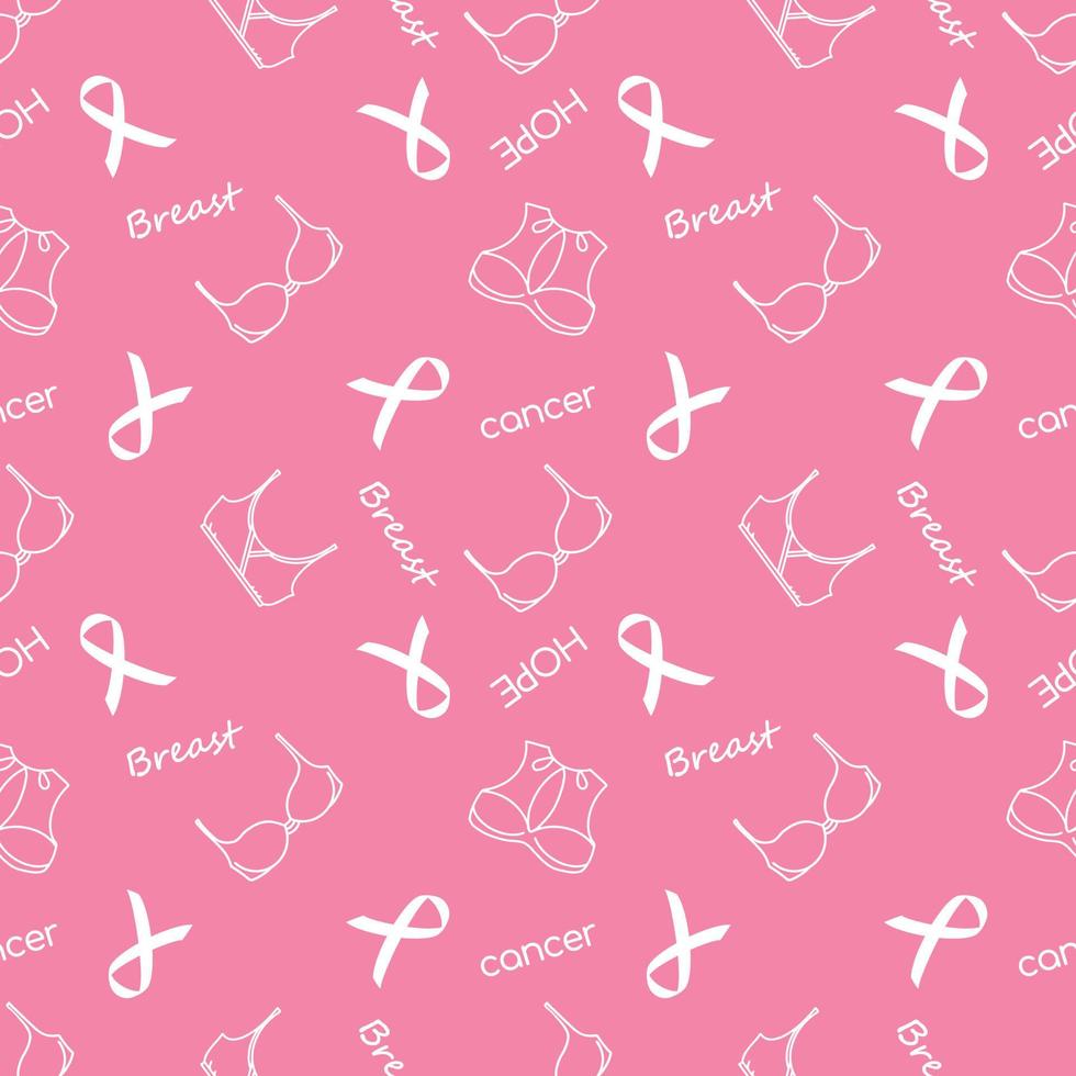 sutiã branco e padrão sem emenda de fita no pano de fundo rosa. texto câncer, mama, esperança. mês de conscientização outubro. vetor