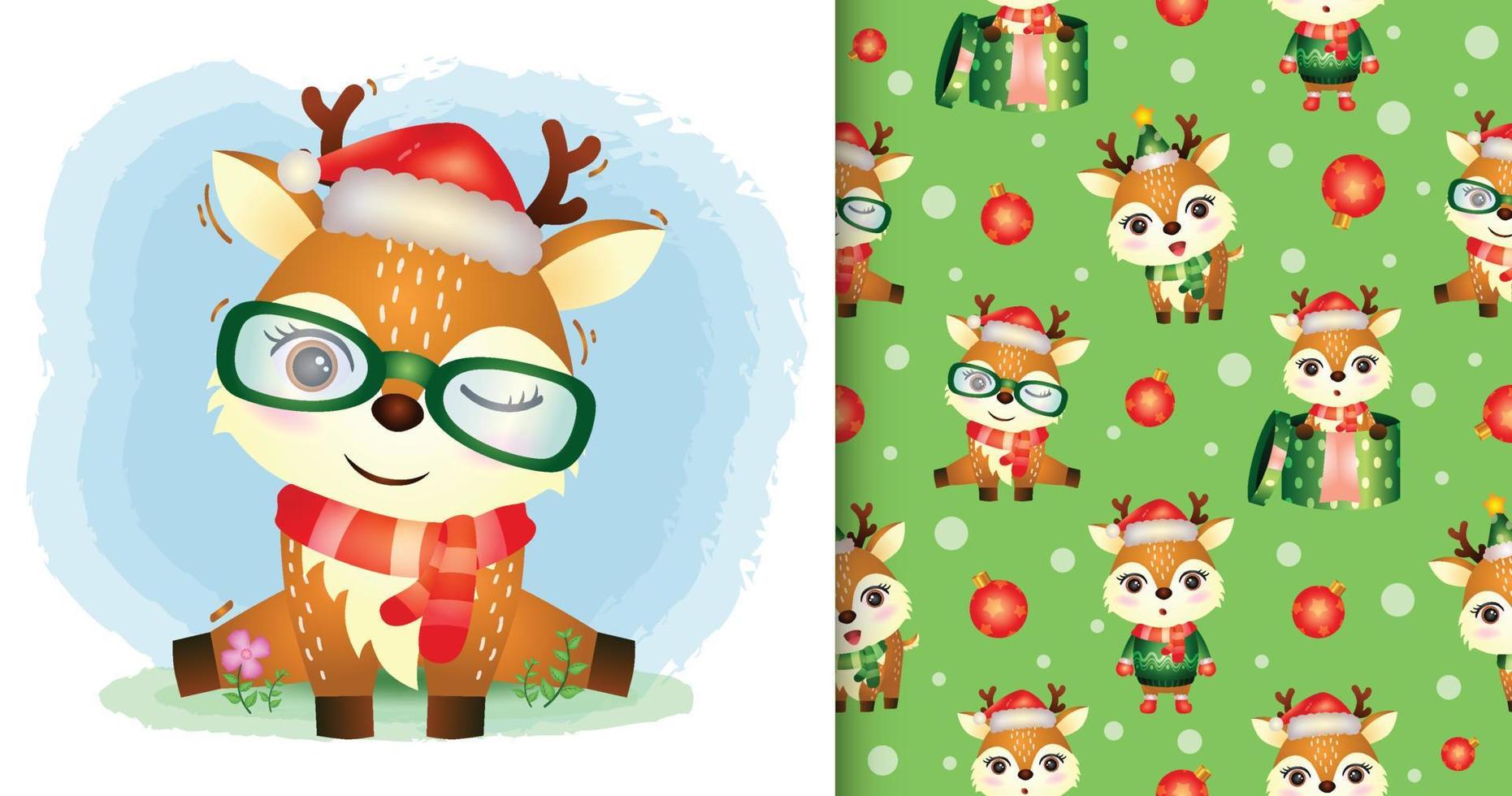 personagens de natal de um veado fofo com chapéu de papai noel e cachecol. desenhos sem costura padrão e ilustração vetor