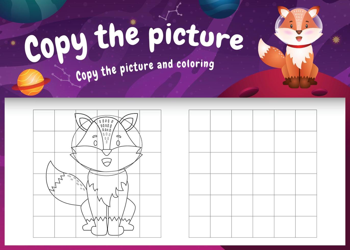 copie a imagem do jogo infantil e a página para colorir com uma raposa fofa na galáxia espacial vetor