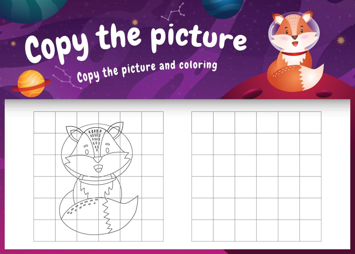 copie a imagem do jogo infantil e a página para colorir com uma raposa fofa na galáxia espacial vetor