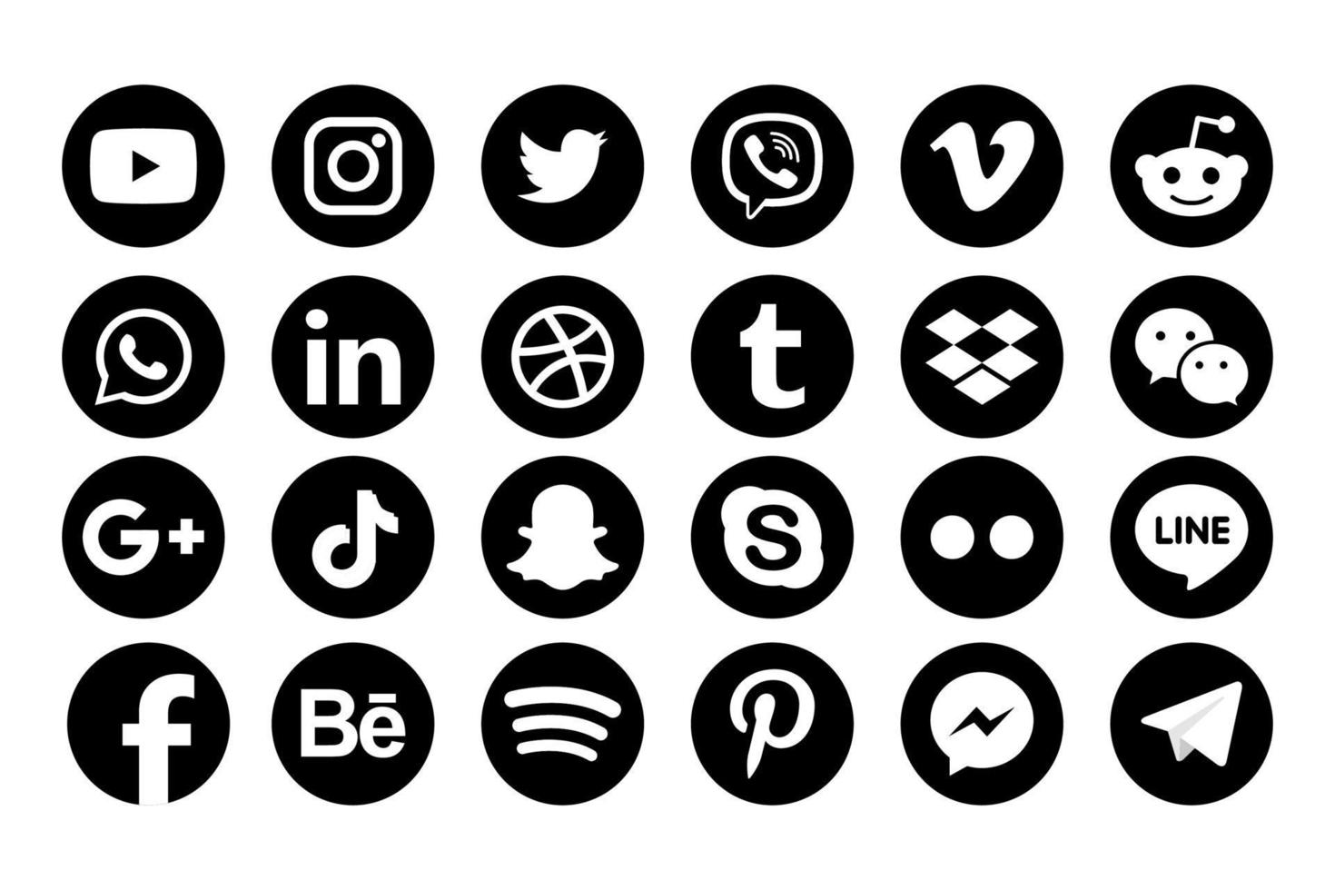 definir ícones populares de mídia social. facebook, instagram, twitter, youtube, pinterest, behance, google plus, linkedin, whatsapp, snapchat, tiktok, tumblr, spotify, dropbox e muito mais vetor