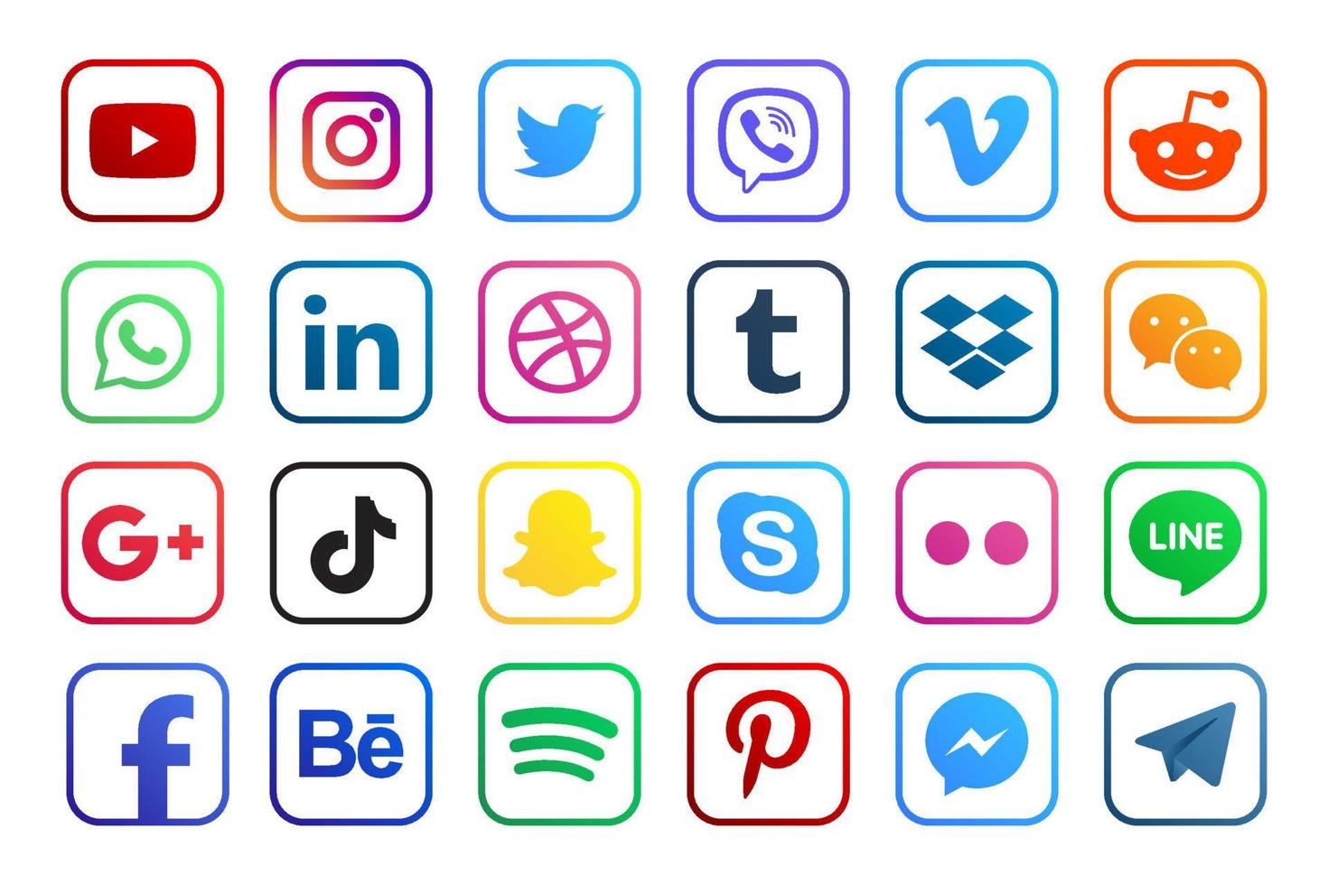 definir ícones populares de mídia social. facebook, instagram, twitter, youtube, pinterest, behance, google plus, linkedin, whatsapp, snapchat, tiktok, tumblr, spotify, dropbox e muito mais vetor