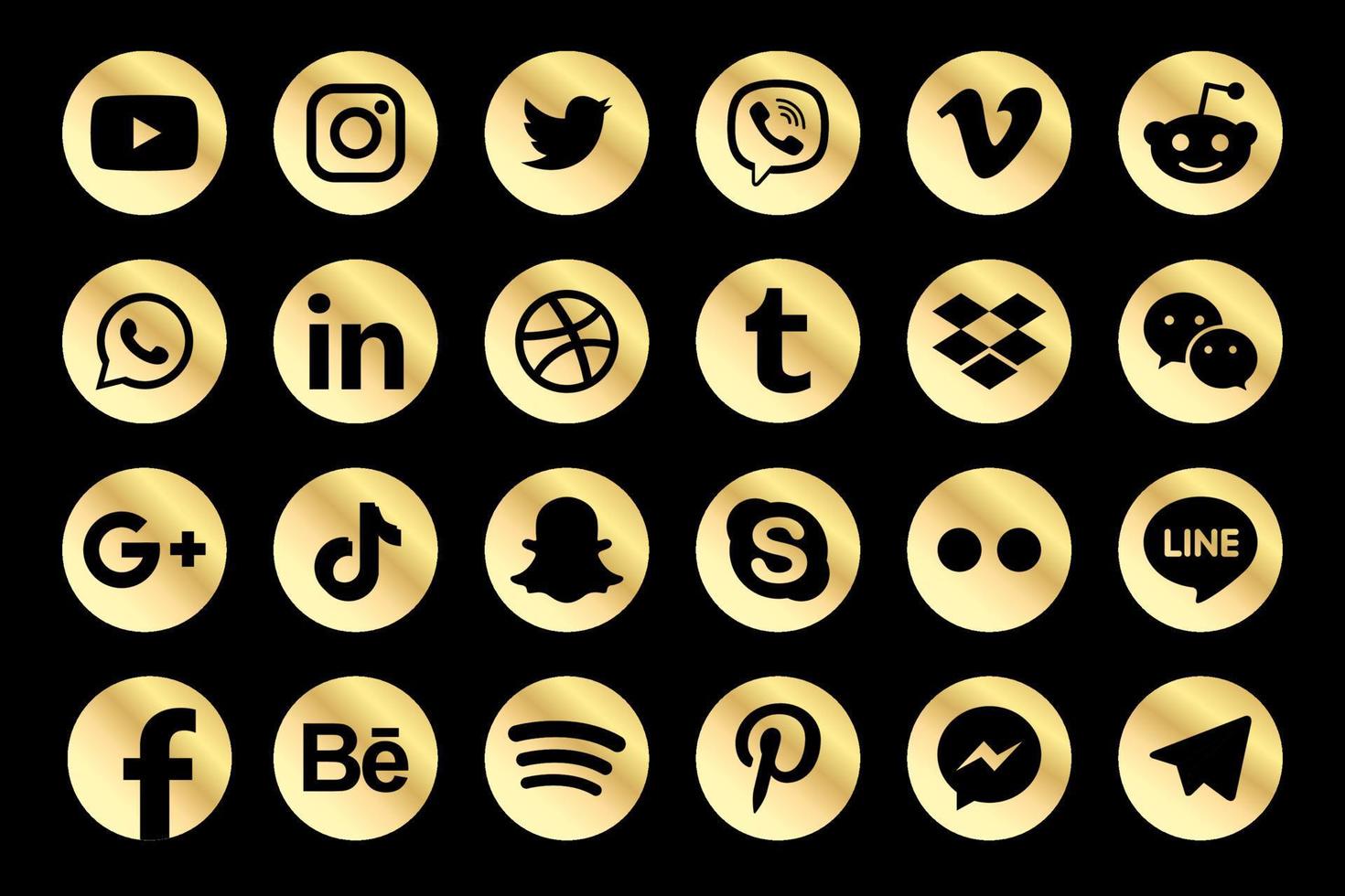 facebook dourado, instagram, twitter, youtube, whatsapp, drible, tiktok, linkedin, google plus e muito mais coleção dourada de ícones populares de mídia social. vetor