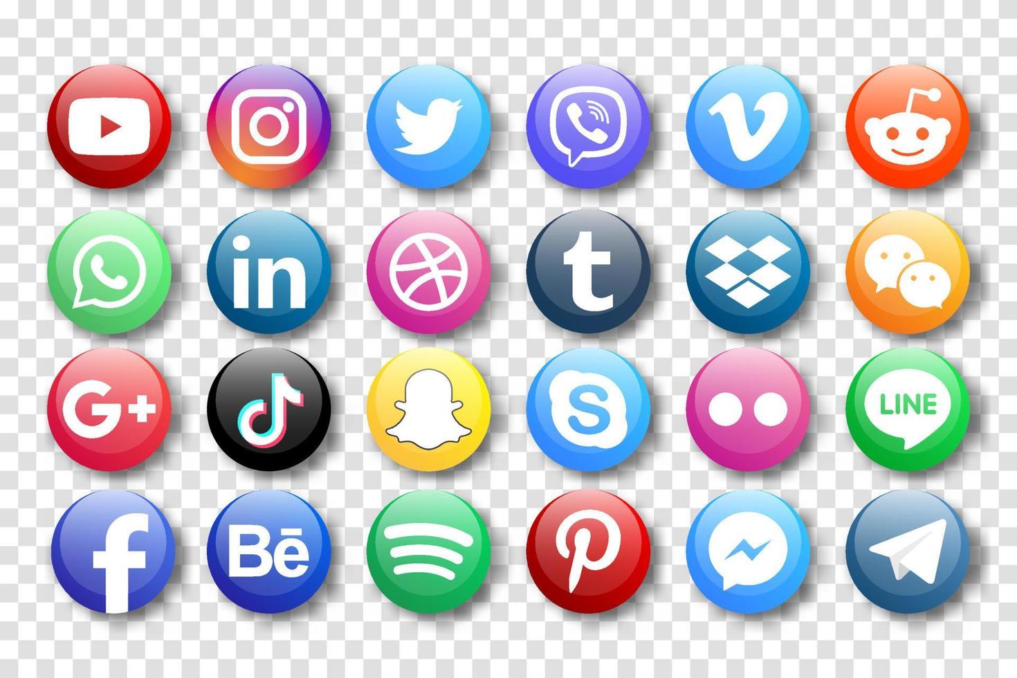 definir ícones populares de mídia social. facebook, instagram, twitter, youtube, pinterest, behance, google plus, linkedin, whatsapp, snapchat, tiktok, tumblr, spotify, dropbox e muito mais vetor