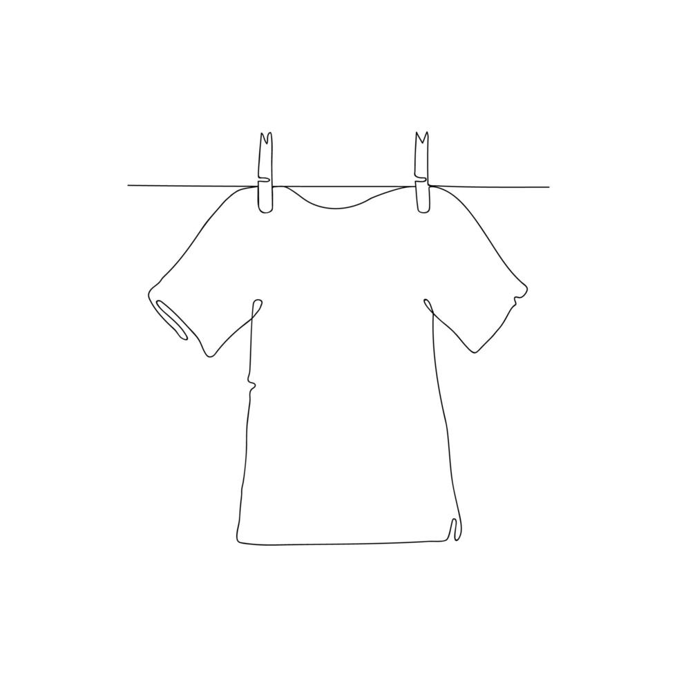 pano de desenho de linha contínua, a camiseta está secando em uma corda, um desenho de linha. ilustração vetorial. vetor