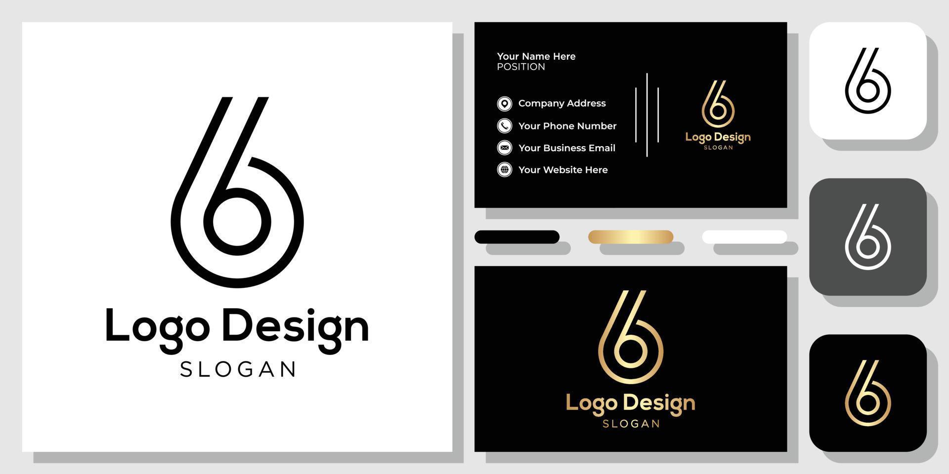design de logotipo número 6 ouro preto com modelo de cartão de visita vetor