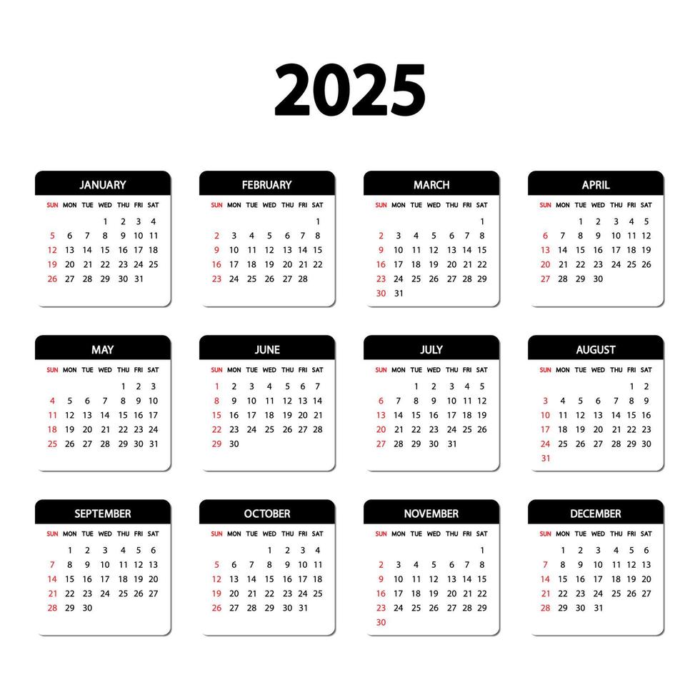 calendário 2025 ano. a semana começa domingo. modelo anual de calendário inglês 2025. modelo vertical de papelaria em design simples e minimalista. orientação retrato vetor