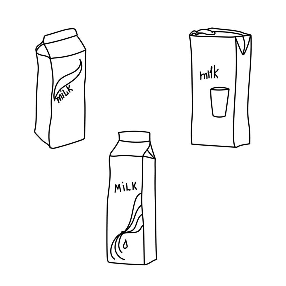 conjunto de três pacotes de leite de contorno, ilustração vetorial de desenho à mão vetor