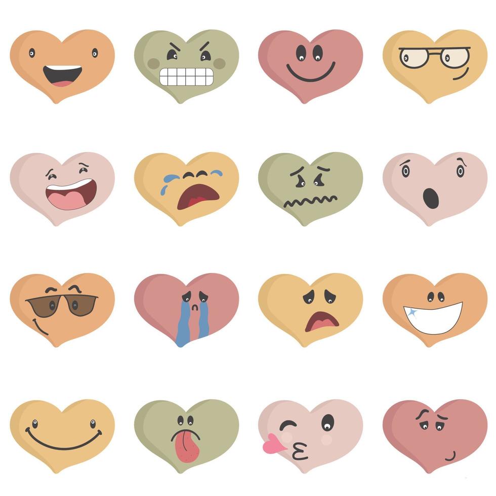 conjunto de emoticons de coração colorido. rostos de coração com várias emoções. corações coloridos diferentes. emoji rostos emoticon sorriso, emoção digital smiley expressão emoção sentimentos, amor, dia dos namorados vetor