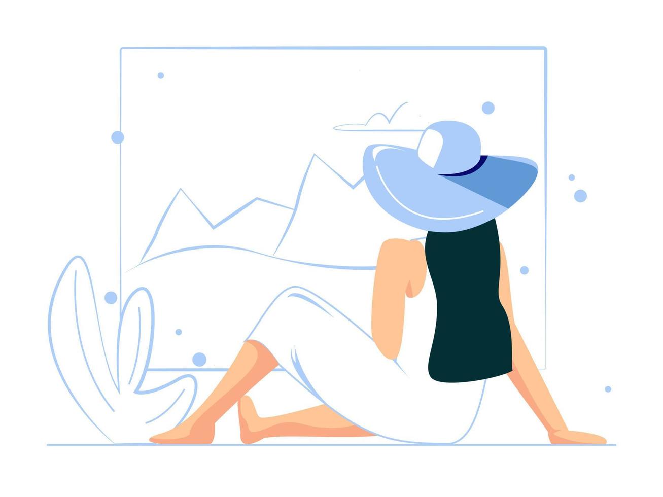 mulher sente-se e relaxe aproveitando as férias. conceito de personagem feminina em estilo simples. ilustração vetorial. vetor