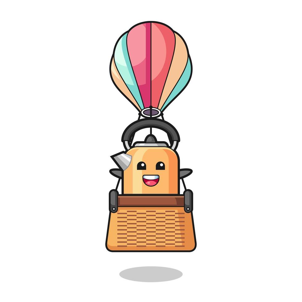mascote de chaleira montando um balão de ar quente vetor
