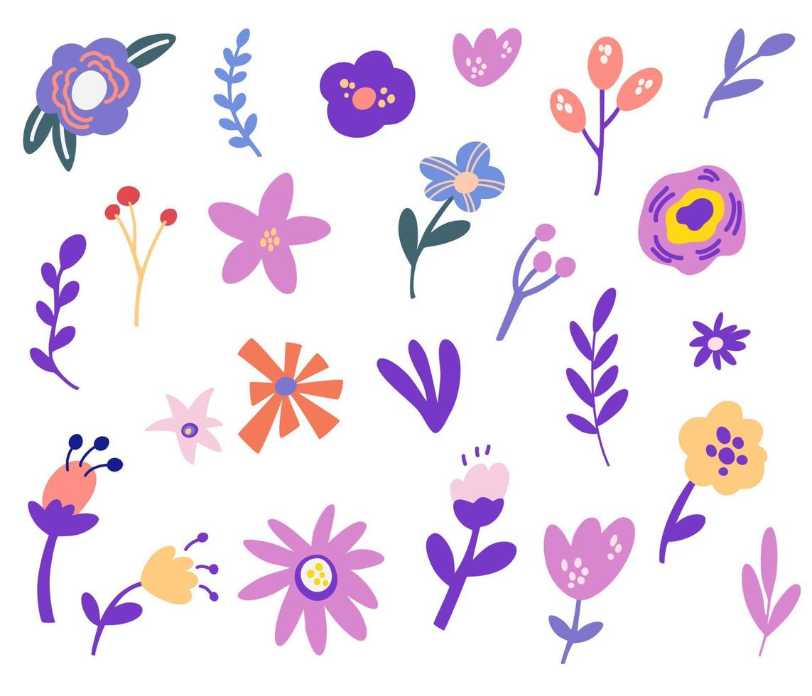 conjunto de flores e galhos. decoração floral. várias flores, folhas e galhos, para dia dos namorados, decoração de aniversário. ilustração vetorial de desenho animado vetor