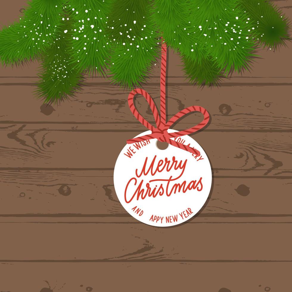 ramos de pinheiro em um fundo de madeira. feliz natal tag na corda kraft vermelha. vetor