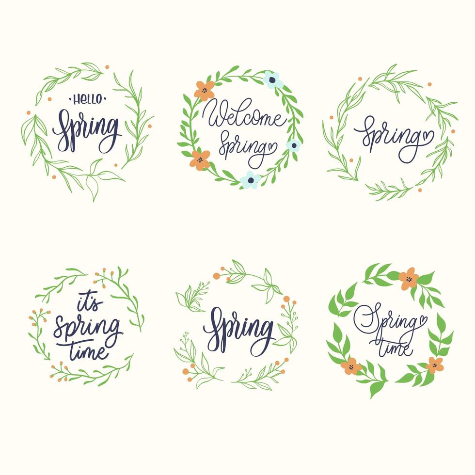 coleção de distintivos de primavera desenhados à mão com letras. vetor