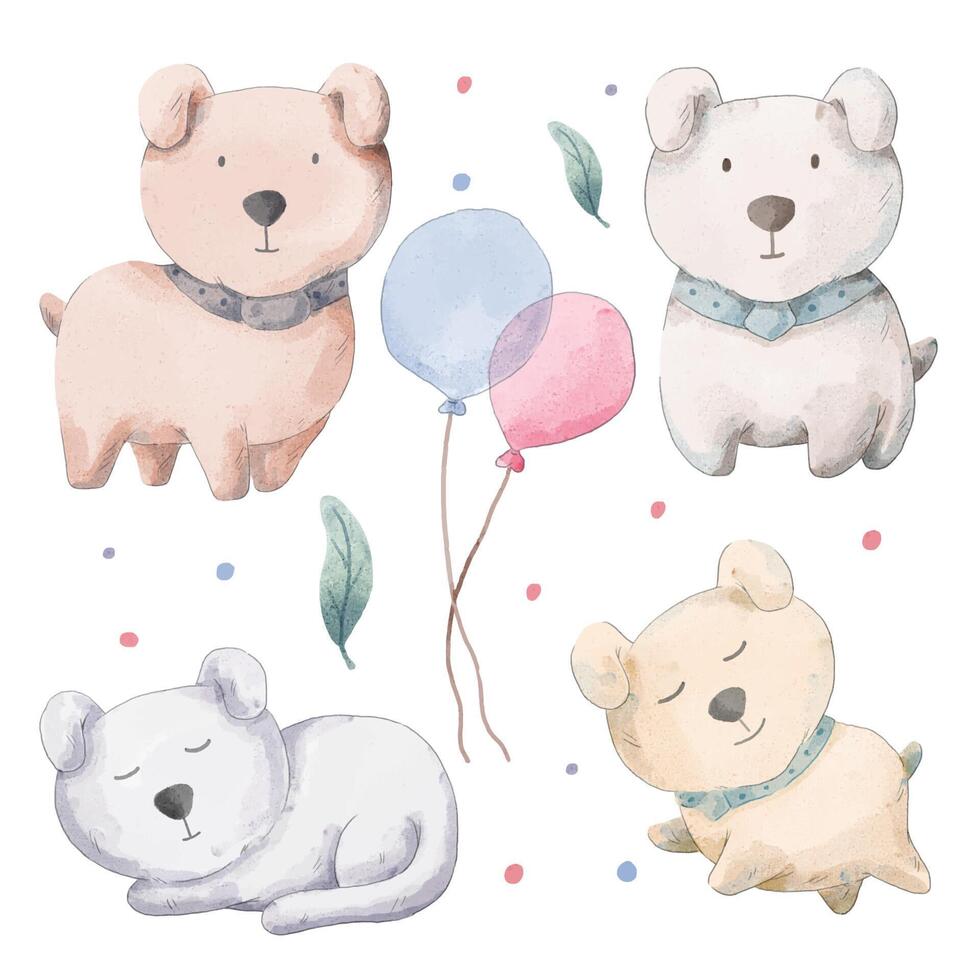 conjunto de aquarela de cachorro adorável em ação de diferença vetor