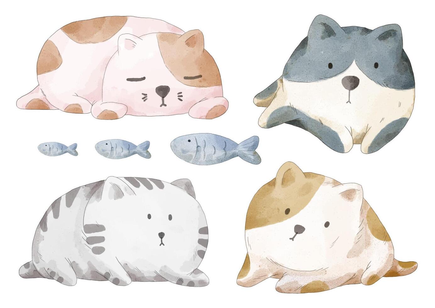 conjunto de aquarela de gato adorável em ação de diferença vetor