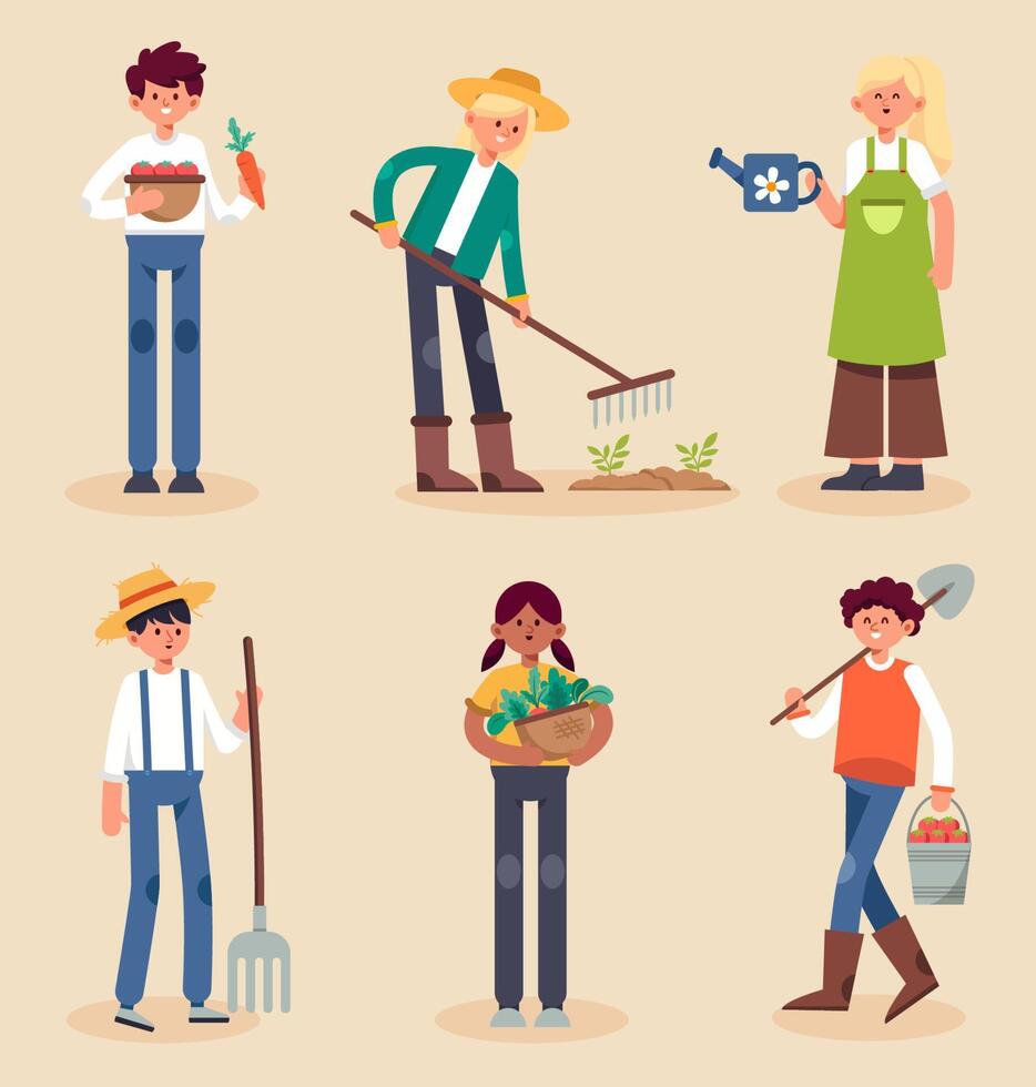 personagens de agricultor dos desenhos animados trabalho agrícola e colheita de produtos locais vetor