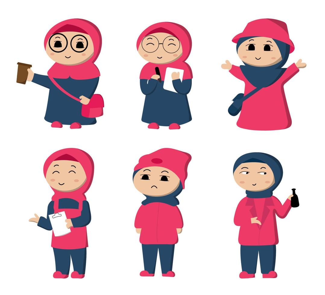 desenho de personagem de desenho vetorial jovem muçulmana vestindo hijab em várias poses para uso de designer gráfico vetor