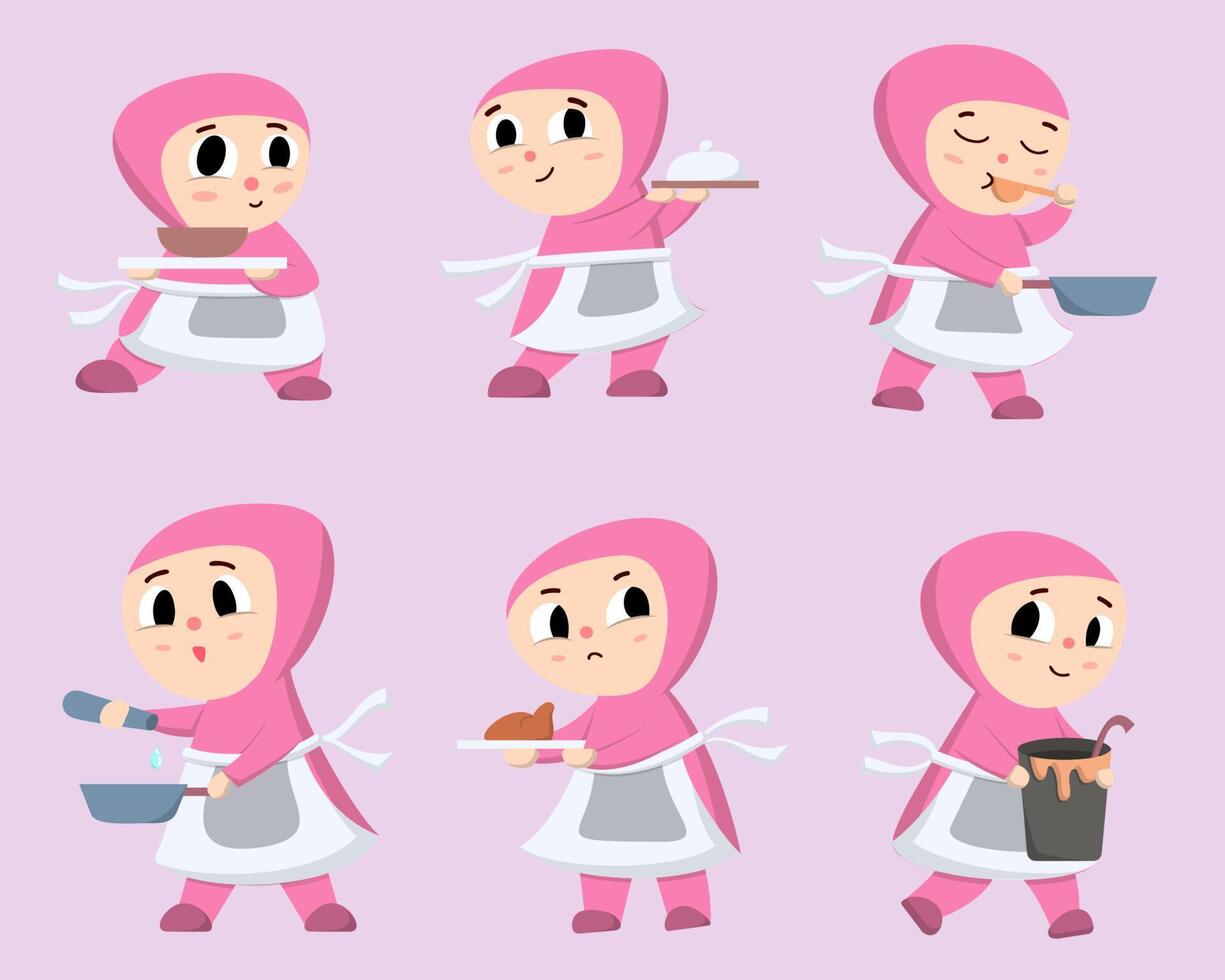 desenho de personagem de desenho vetorial jovem muçulmana vestindo hijab em várias poses para uso de designer gráfico vetor