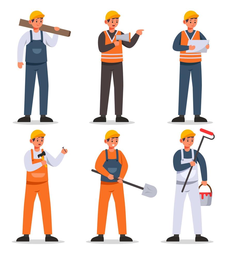 equipe de construtores e empreiteiros trabalhadores industriais juntos no local de trabalho. vetor
