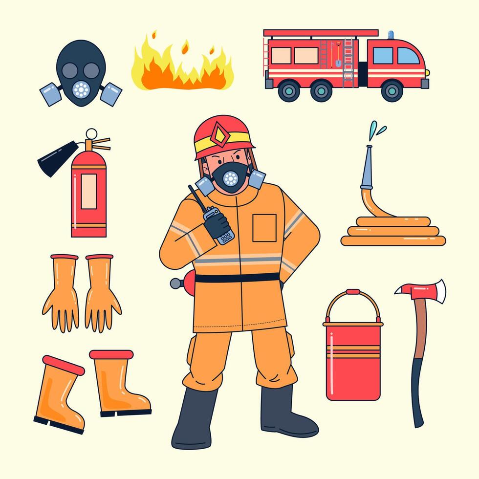 bombeiro e equipamentos de trabalho, como traje de incêndio, gás, máscara, fogo, tanque de água, caminhão de bombeiros, extintor de incêndio, mangueira de incêndio, bocal, machado, luvas, botas, água, rádio vetor