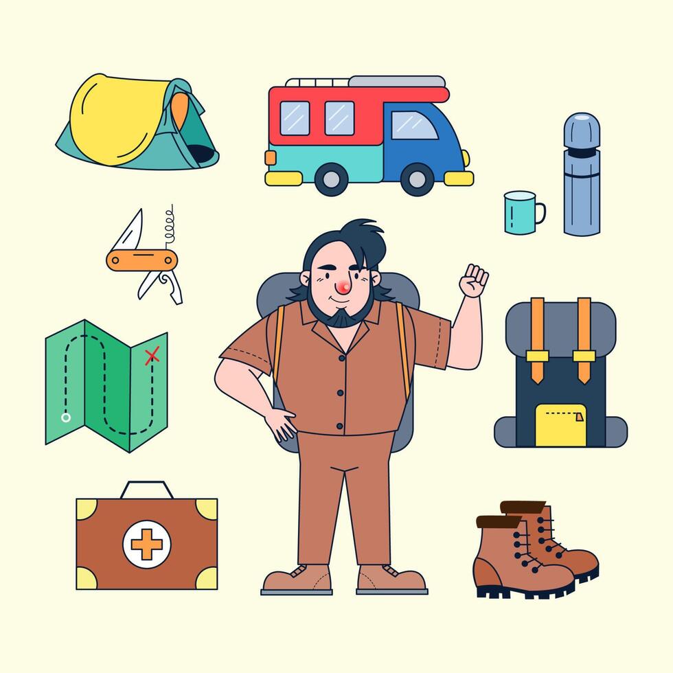 personagem turista com equipamentos de viagem como mapa, barraca, mochila, saco de dormir, bota, faca, carro, van campista, garrafa térmica, vidro, kit de primeiros socorros, vetor