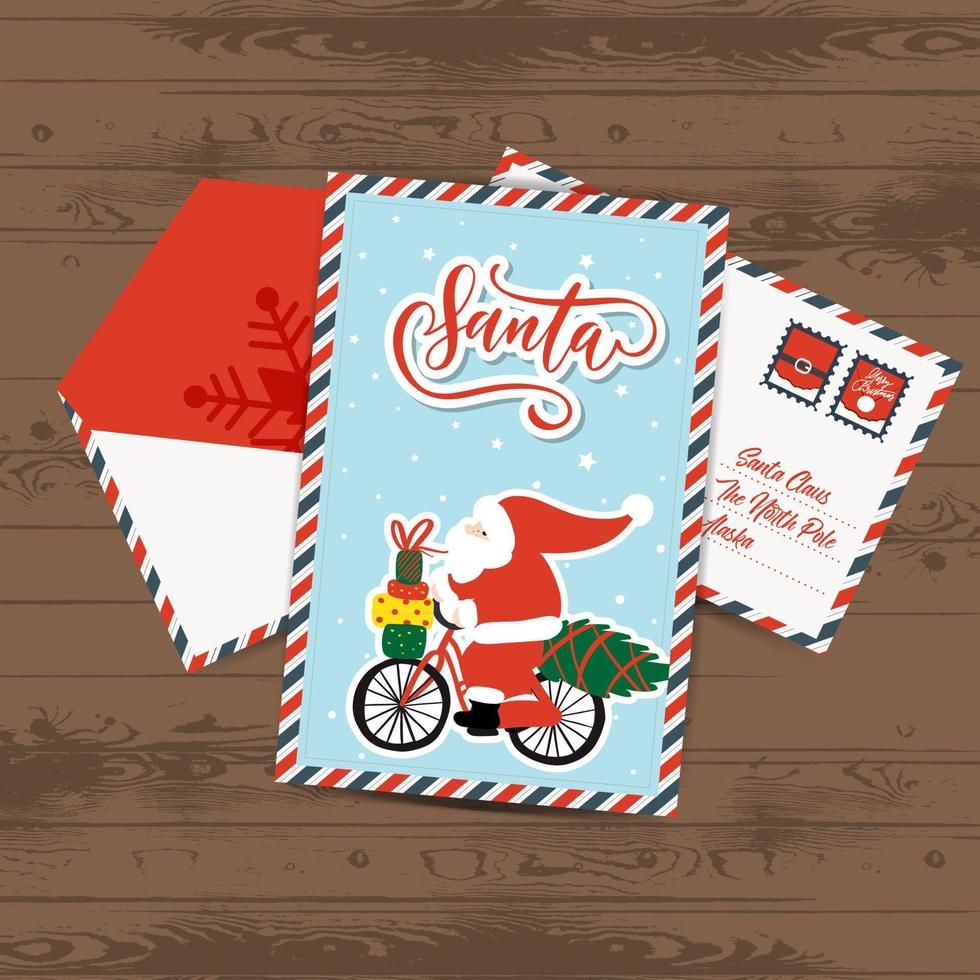 carta de natal criativa com papai noel e vetor de modelo de envelope.