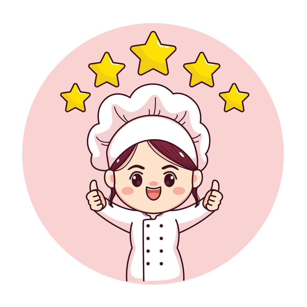 chef ou padeiro feminino bonito e kawaii com polegares para cima cinco estrelas desenho de personagens de manga chibi vector design de personagens