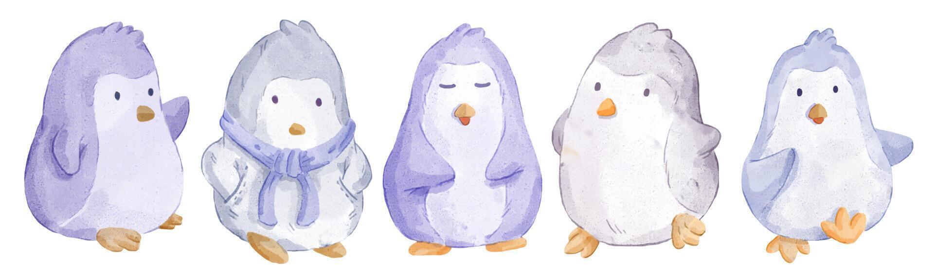 conjunto de aquarela de ilustração vetorial de pinguim adorável para seu projeto. vetor