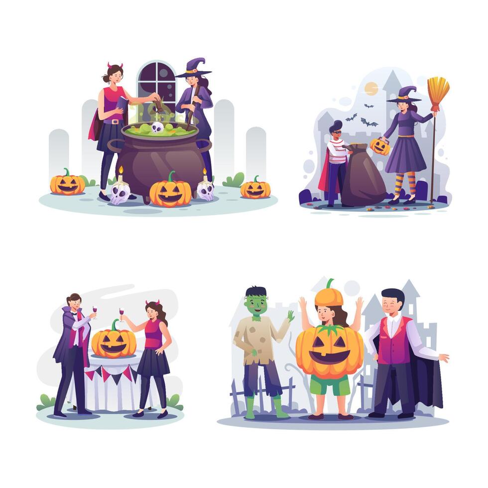 ilustração vetorial halloween decorado em casa e família engraçada de cosplay. vetor