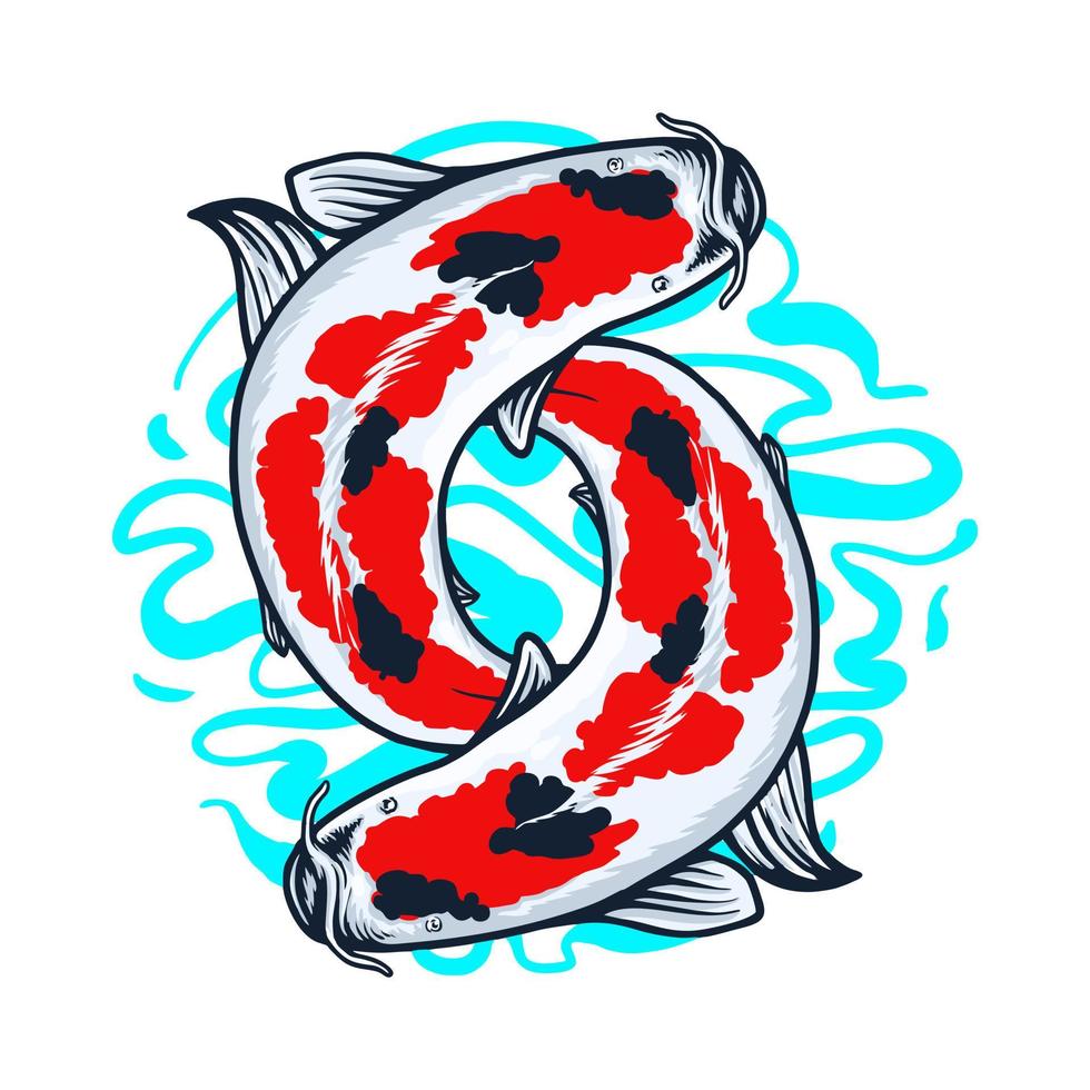 design de camiseta de ilustração vetorial premium de peixe koi branco vermelho vetor