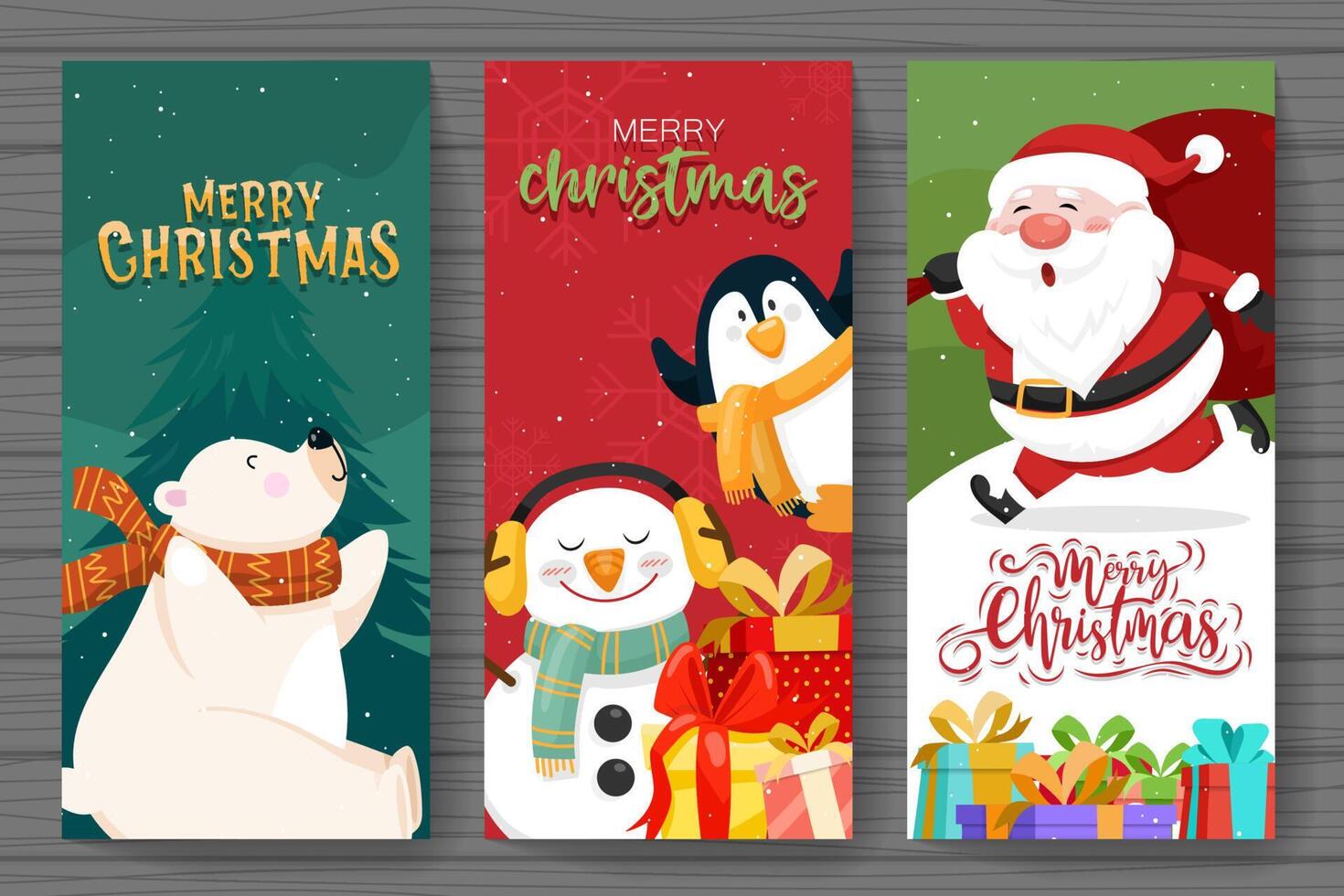 banner de fundo de natal e ano novo. papai noel, pinguim, boneco de neve e banner de urso. vetor