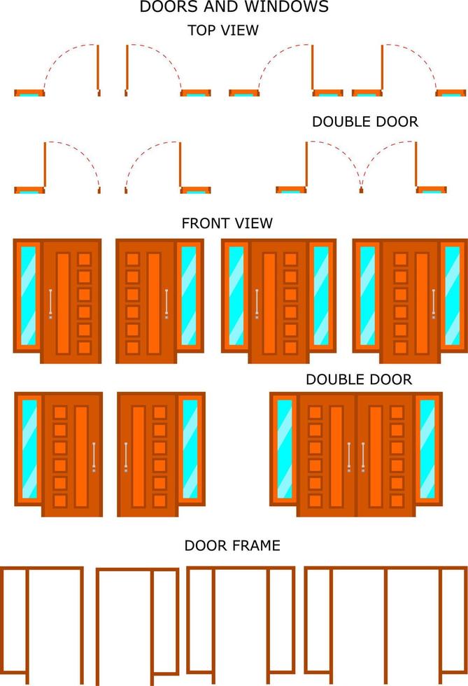 conjunto de desenhos. vista superior, vista frontal e moldura da porta com ícone de portas coloridas vetor