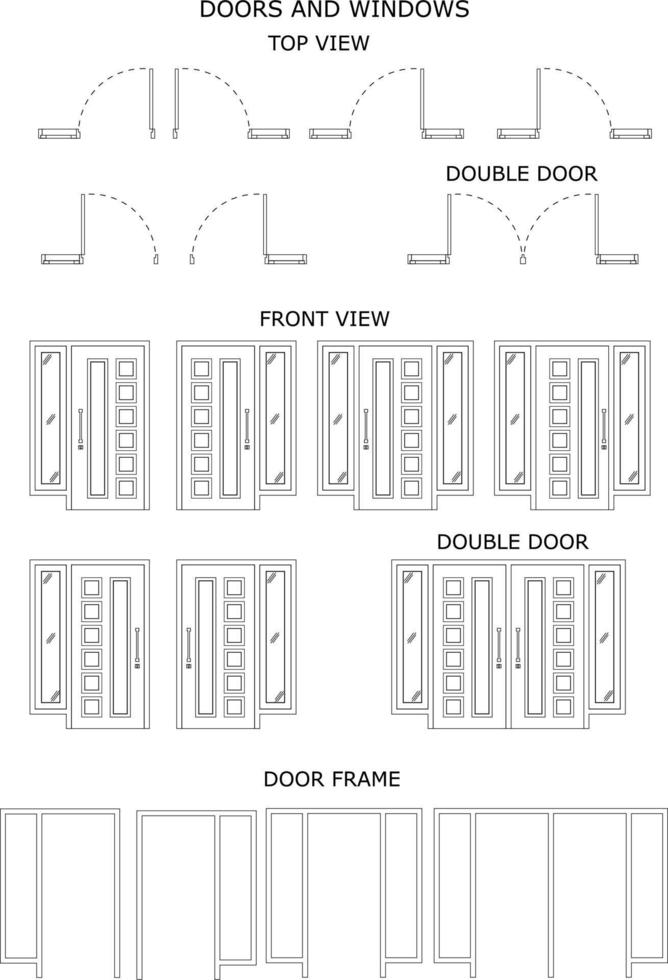 conjunto de desenhos. vista superior, vista frontal e contorno da moldura da porta. ícone de portas vetor