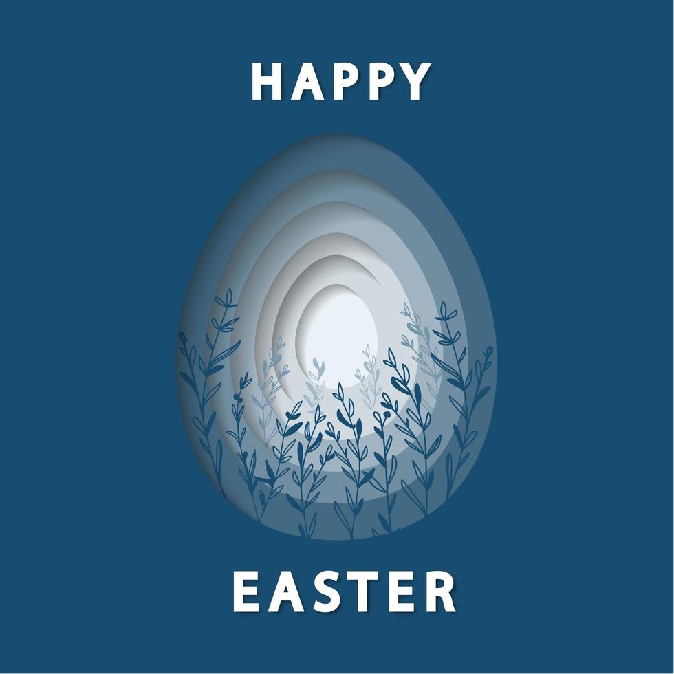 papel de páscoa feliz recorta quadros em forma de ovo em fundo azul. modelo de cartão de saudação de páscoa 3d na moda. vetor