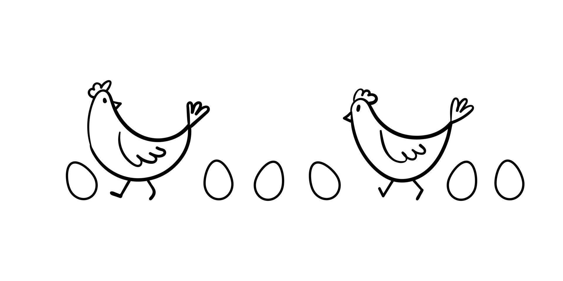 duas galinhas vão botar ovos. ilustração em vetor estoque contorno preto isolado. galinhas doodle desenhadas à mão com ovos em um fundo branco.