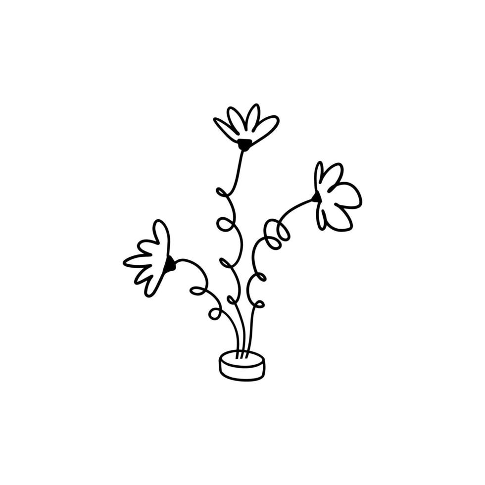 linha à mão livre de flores dos desenhos animados. alegres flores de contorno preto sobre fundo branco. flores de ilustração vetorial de estoque. vetor