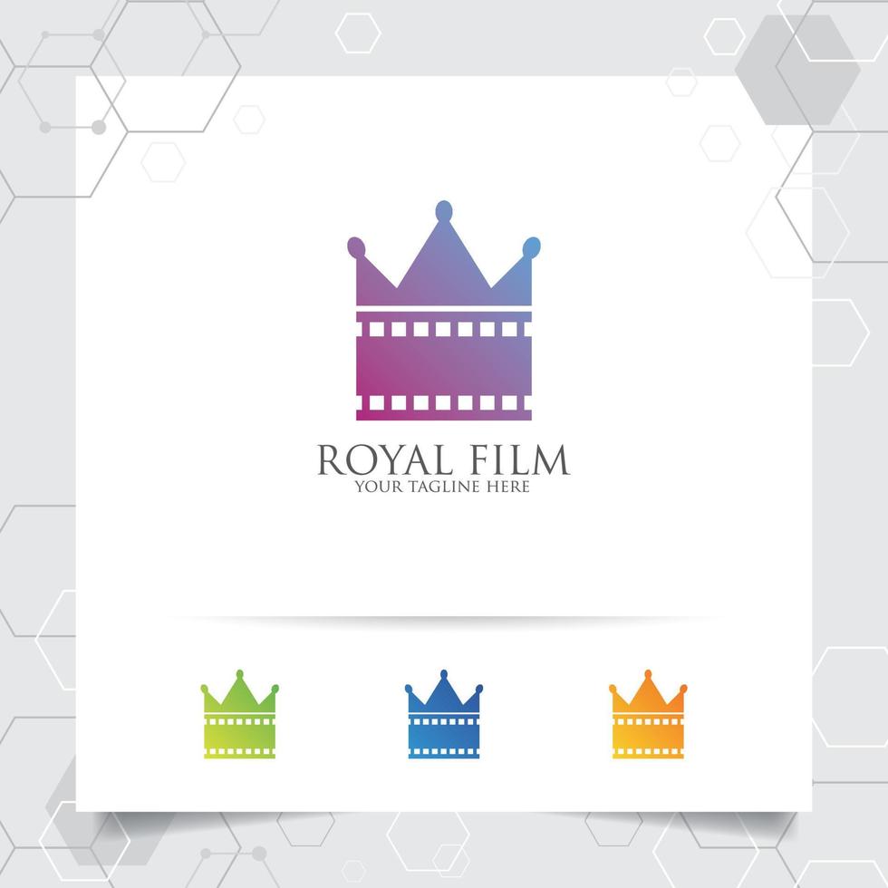 vetor de logotipo de cinema de filme com conceito de ponta de filme e design de ícone de coroa para estúdio de gravação, produção de filmes, diretor e entretenimento.