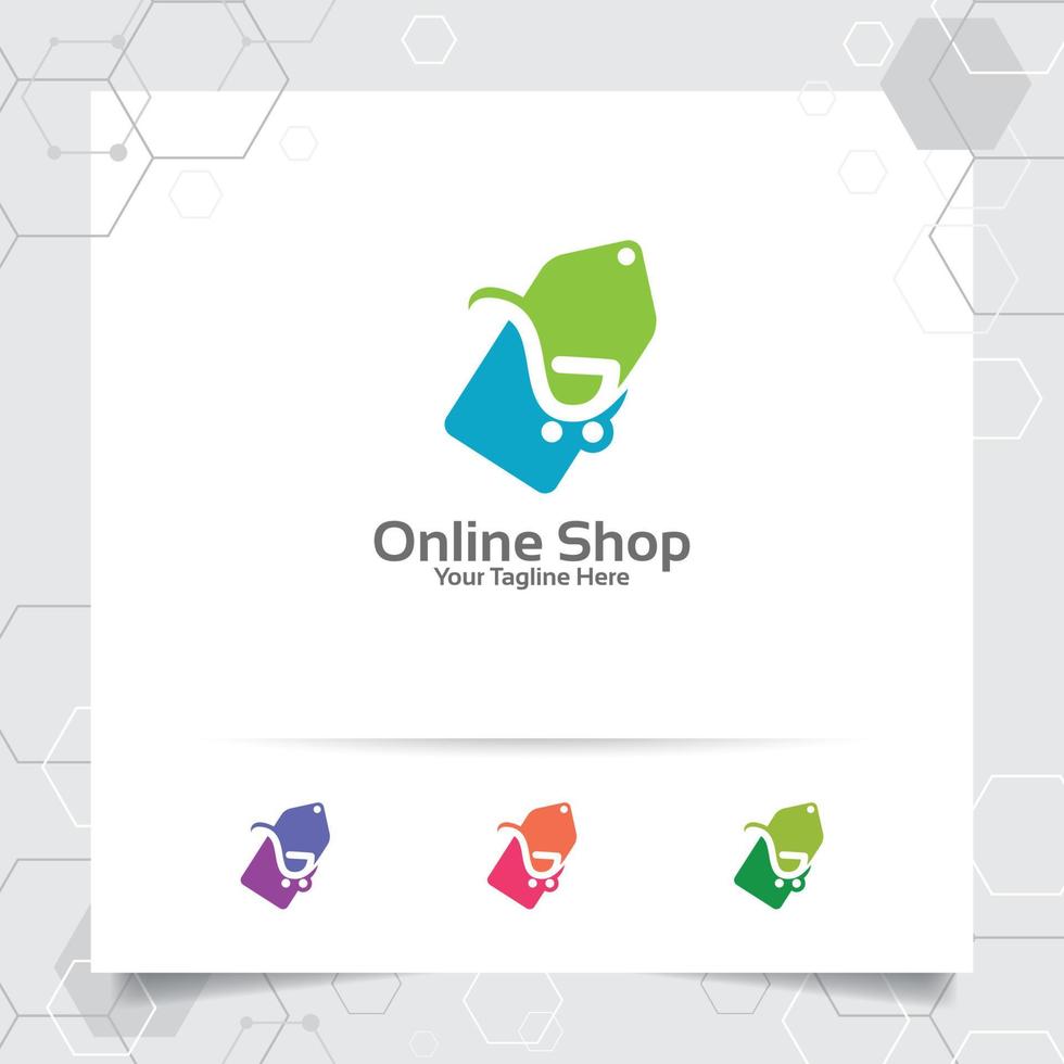 conceito de vetor de design de logotipo de compras de ícone de etiqueta de preço e símbolo de carrinho de compras para loja online, mercado, e-commerce e loja online.