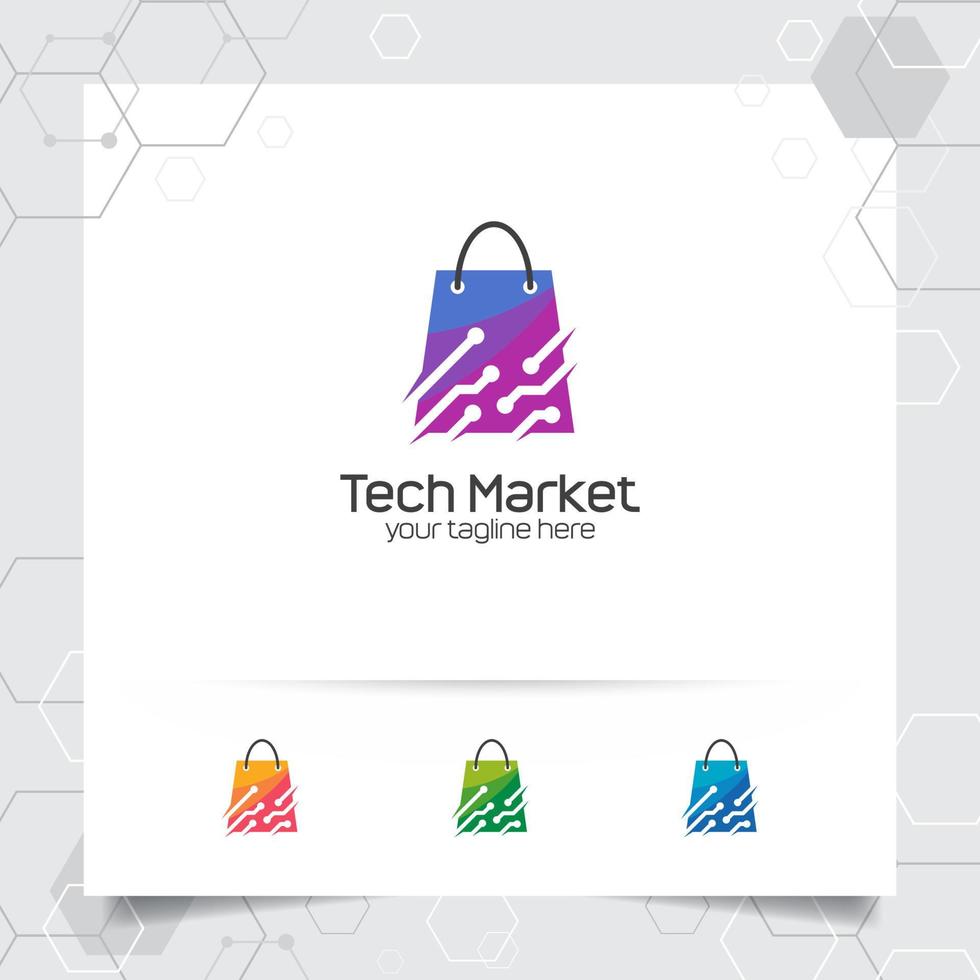 conceito de design de logotipo de sacola de compras de ícone de loja online e vetor de tecnologia usado para comerciante, comércio eletrônico e supermercado.