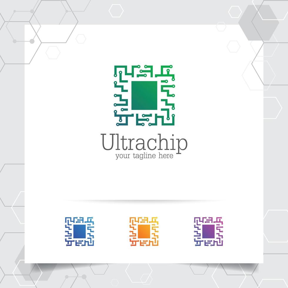 design de vetor de logotipo digital de tecnologia com conceito de ícone de microchip para programador, comunidade de tecnologia, software aplicativo e engenheiro.